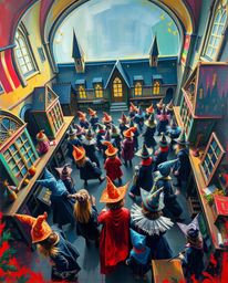 A bold acrylic painting captures a magical school teeming with young wizards from a captivating high-angle perspective.  The 