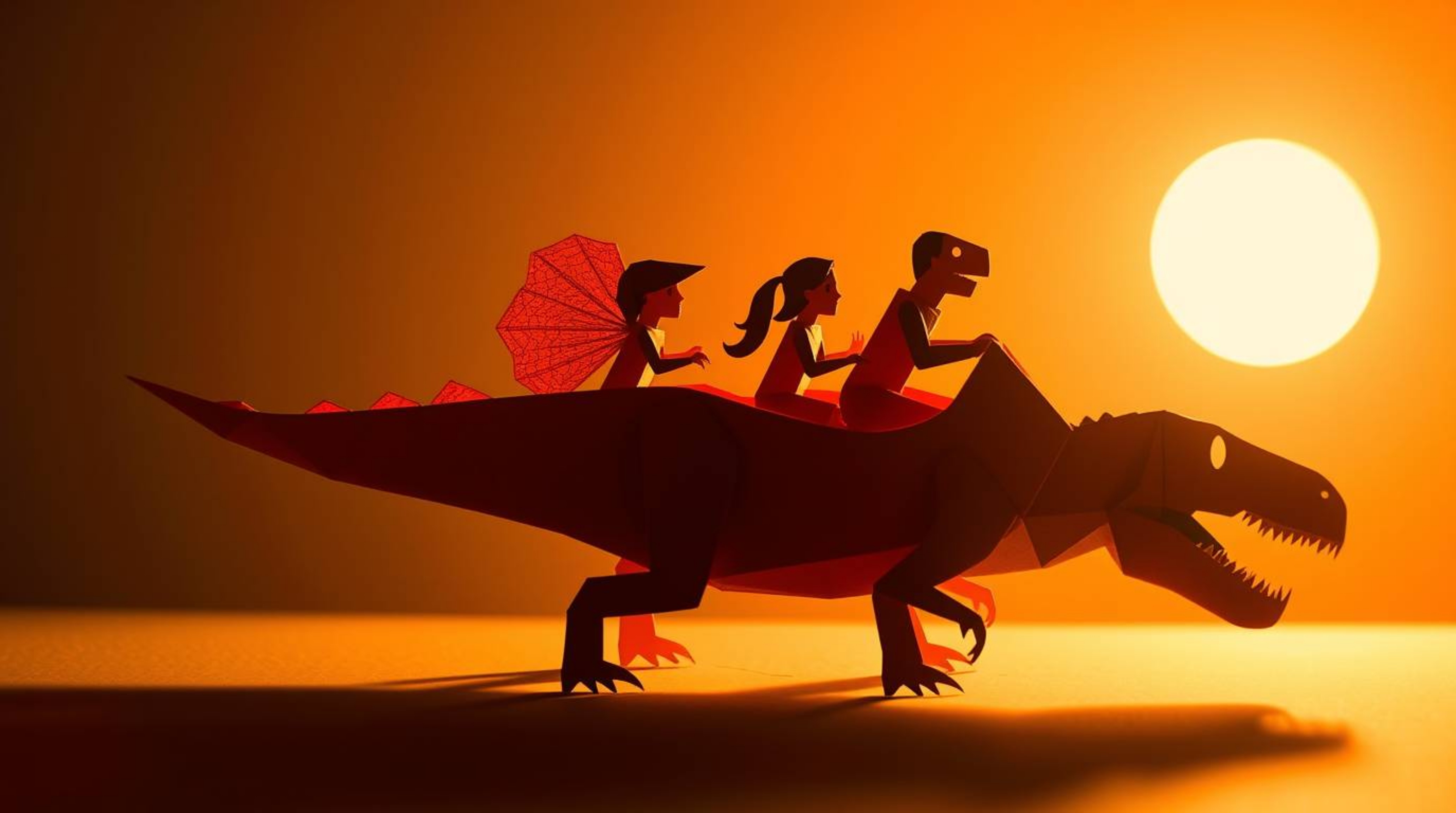 A captivating image depicts a prehistoric family enjoying a ride in an intricately folded origami dinosaur car.  Silhouetted 