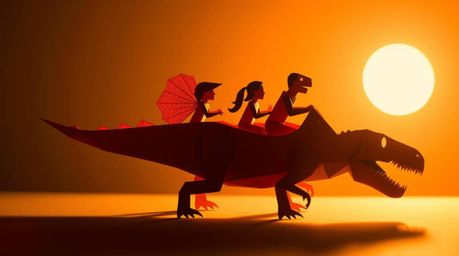 A captivating image depicts a prehistoric family enjoying a ride in an intricately folded origami dinosaur car.  Silhouetted 