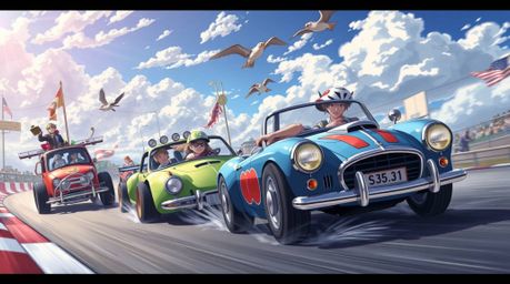 Dive into a fantastical isekai anime world with a graceful and elegant illustration. This artwork depicts a wacky racing scen