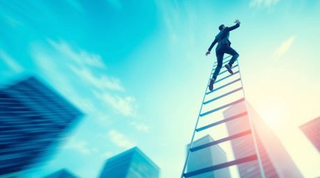 An abstract visualization of success depicts a businessperson ascending a transparent ladder that dissolves into a vibrant bl