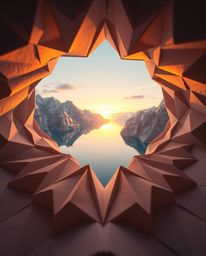 An intricate origami sculpture depicts a glassy fjord reflecting a sunset, viewed from a low angle. The artwork is characteri