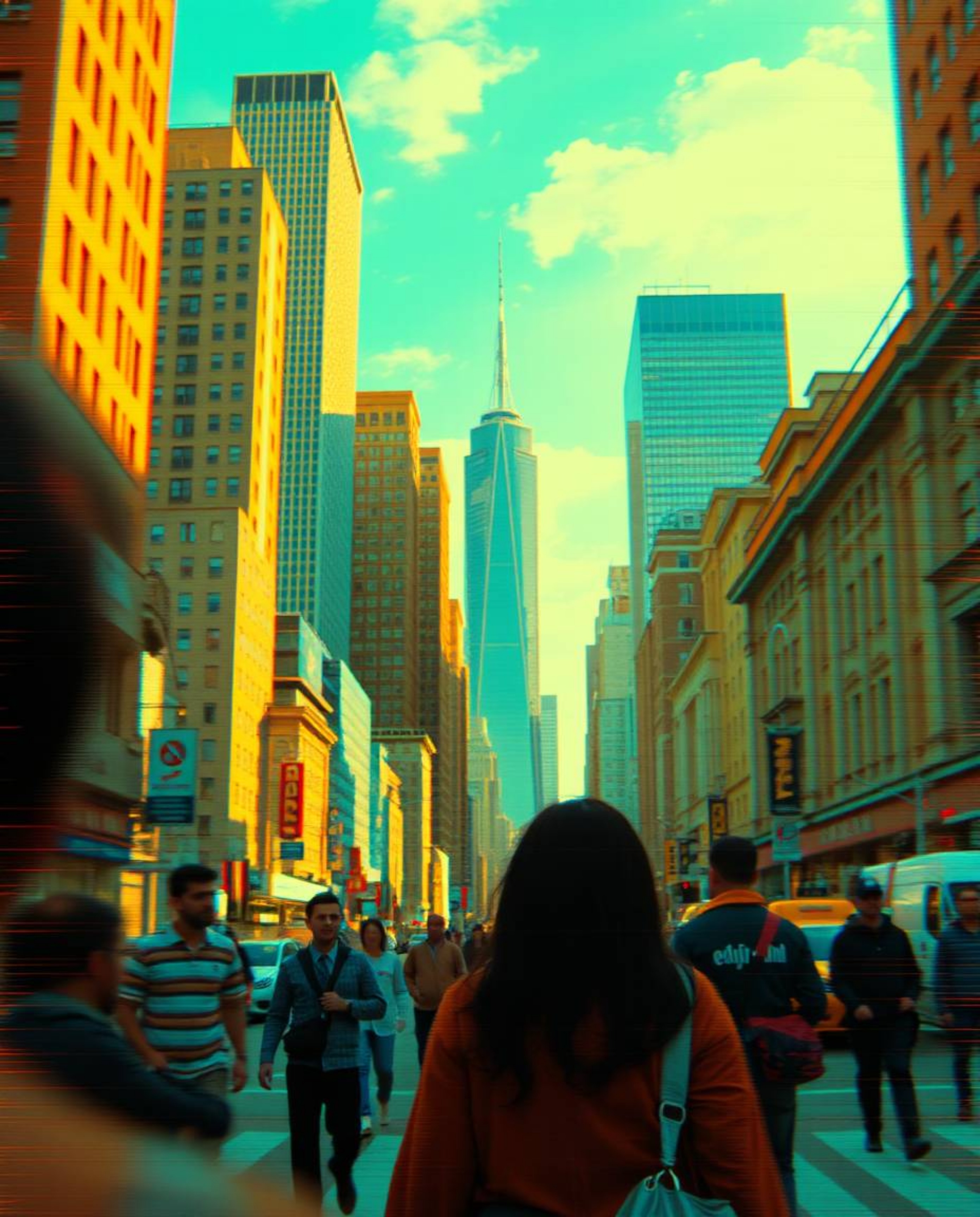 Discover captivating street photography featuring a glitchy digital landscape. Distorted skyscrapers and static noise create 