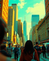 Discover captivating street photography featuring a glitchy digital landscape. Distorted skyscrapers and static noise create 