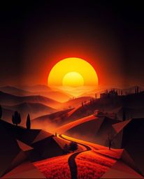 An intricate origami-style illustration of a Tuscan sunset over misty hills, with intense dramatic lighting, high contrast, a