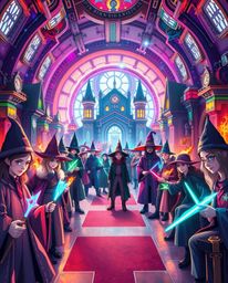 Discover a vibrant, futuristic magical school brimming with young wizards!  This energetic composition blends advanced techno
