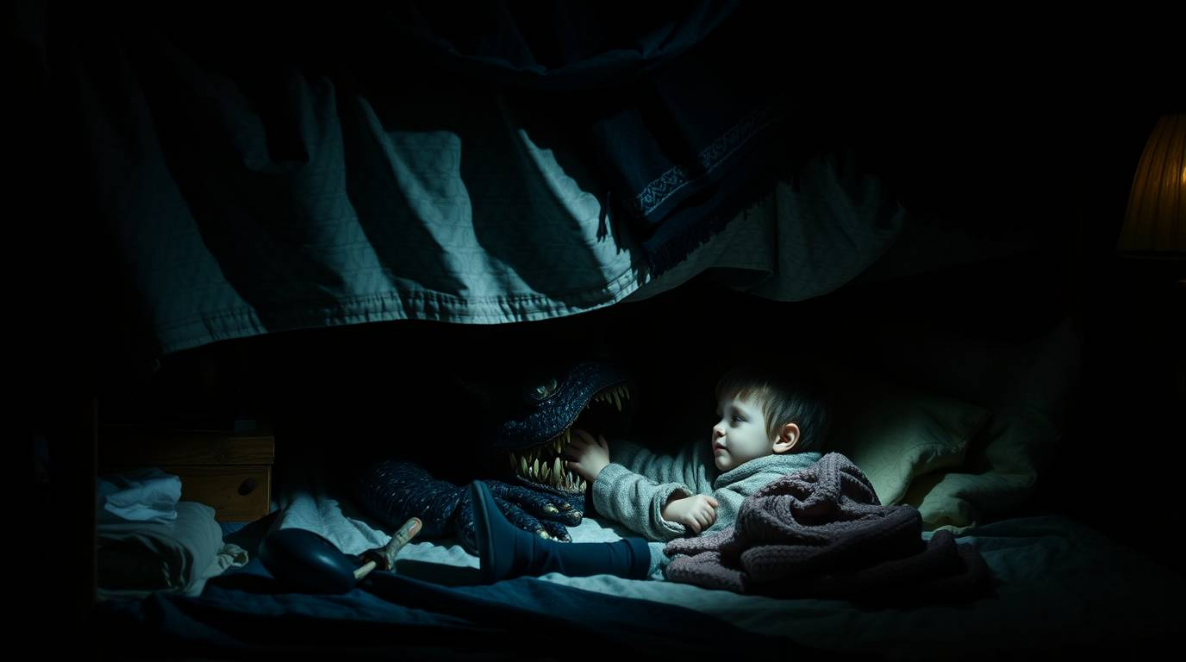 A captivating cinematic still life image depicts an unlikely friendship between a child and a monster hiding under the bed.  