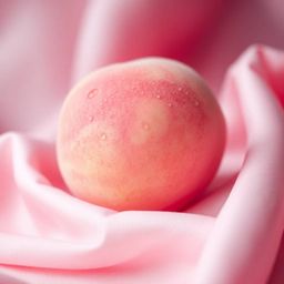 A soothing, high-resolution close-up image showcasing a soft, blushing pink peach resting on silky pastel pink fabric.  Dew-l