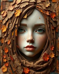 Explore a captivating digital glitch art portrait, featuring a textured and sculpted effect with warm autumn colors and cozy 