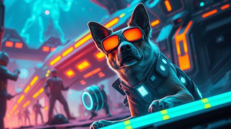 Dive into an epic, futuristic scene where a heroic dog detective utilizes high-tech gadgets to solve a mystery.  Bioluminesce