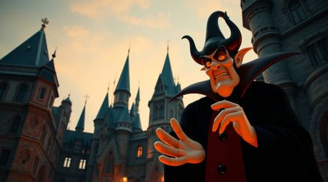 Stunning architectural photography showcasing a classic Disney villain casting a spell within an ancient castle.  The image f