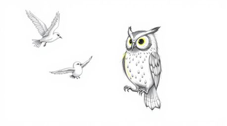 Experience a heartwarming scene: a blind owl lovingly guides birds in flight. Rendered in a delightful, hand-drawn pencil ske