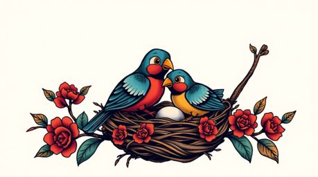 This vibrant tattoo art print features two charming cartoon birds meticulously constructing a nest, rendered in a classic ani