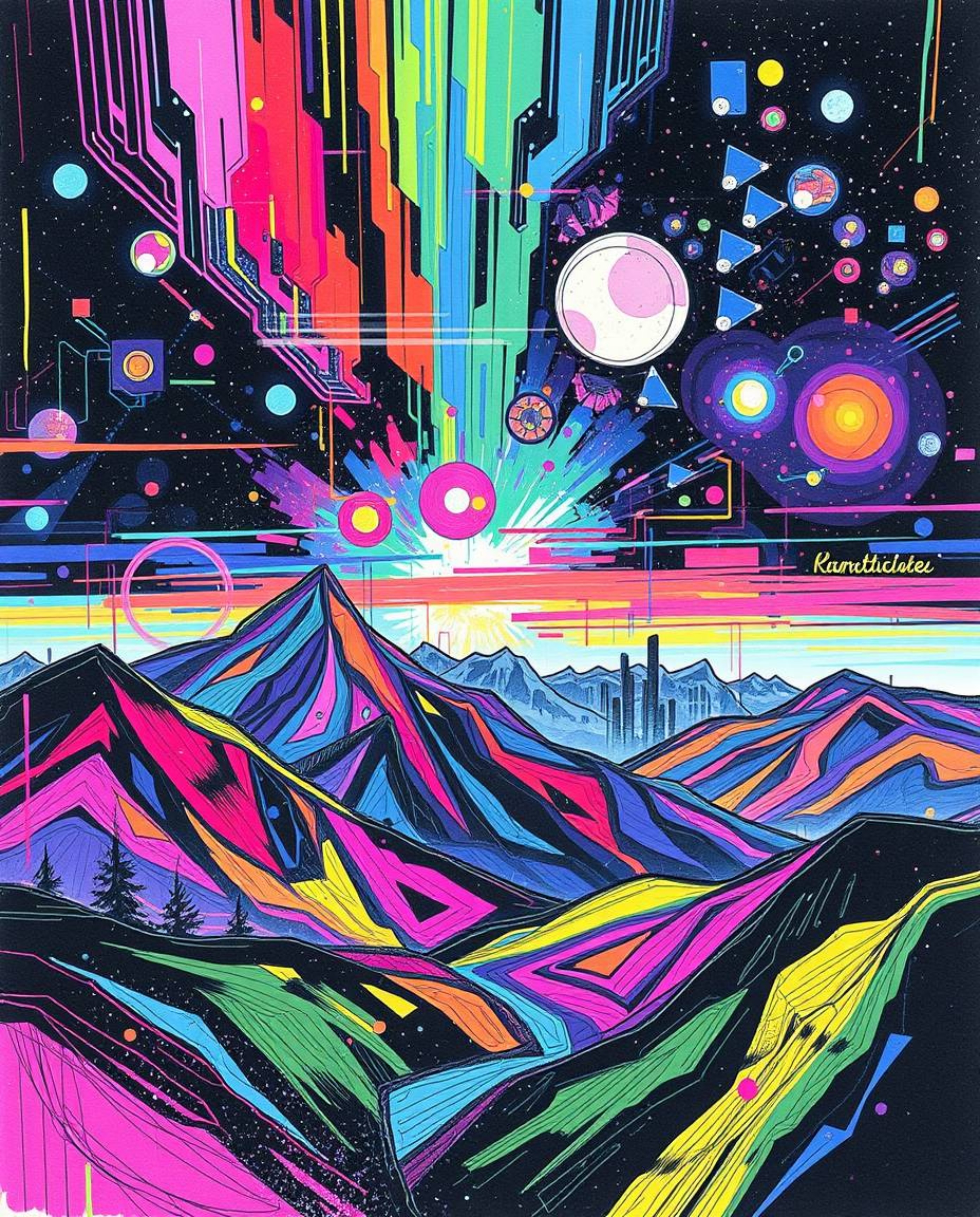 A vibrant and chaotic digital landscape rendered in a colorful, hand-drawn sketchnote style.  The image features a glitching 