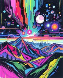 A vibrant and chaotic digital landscape rendered in a colorful, hand-drawn sketchnote style.  The image features a glitching 
