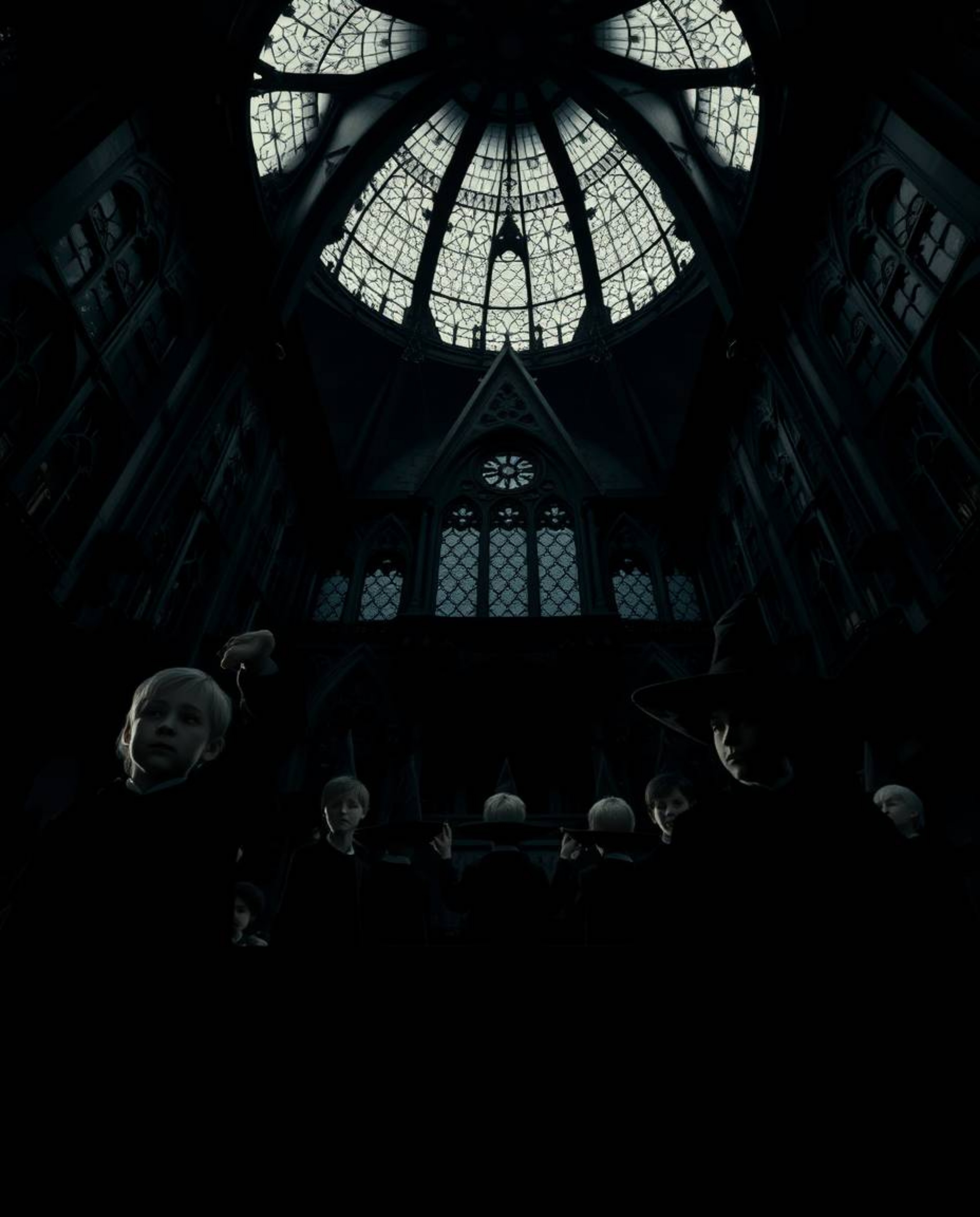 Explore a captivating scene: a magical school teeming with young wizards, captured from a dramatic low angle.  Intense jet bl