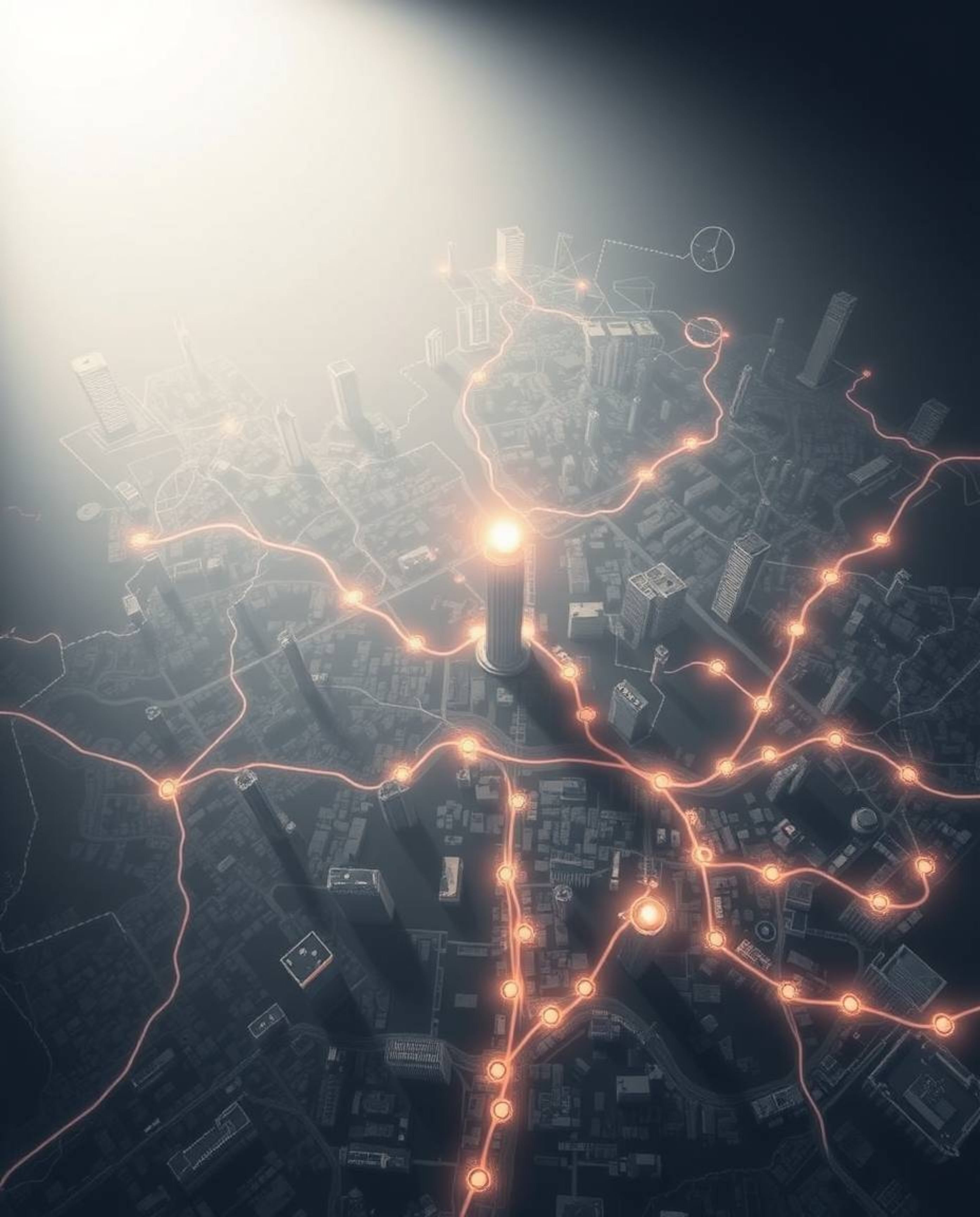 An ethereal and spiritual abstract city map is illuminated by high-contrast, low-key lighting. This top-down view showcases g