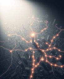 An ethereal and spiritual abstract city map is illuminated by high-contrast, low-key lighting. This top-down view showcases g