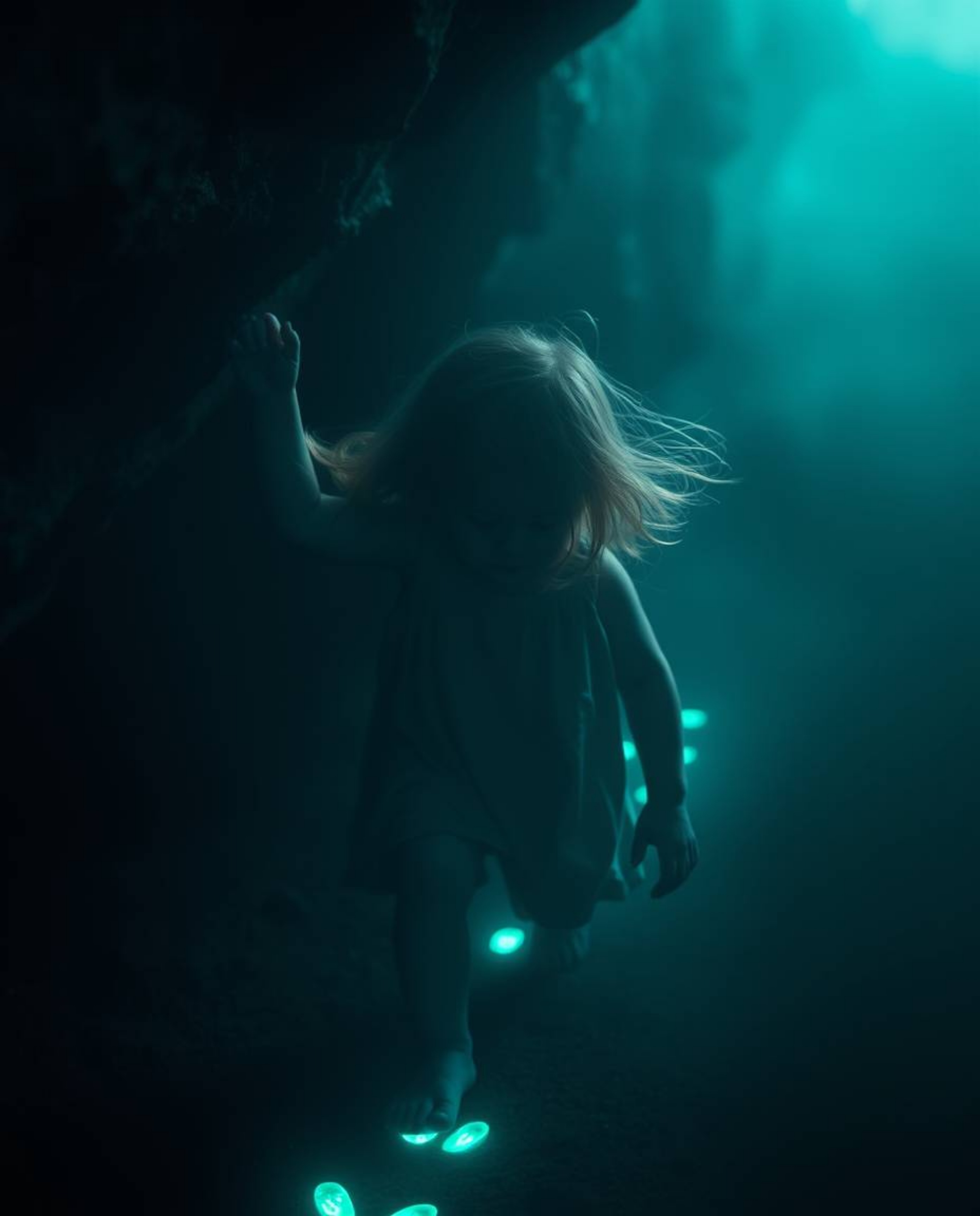A captivating scene unfolds, featuring a child with fair skin and windblown hair, embarking on a mysterious journey into a ca