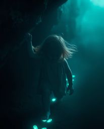 A captivating scene unfolds, featuring a child with fair skin and windblown hair, embarking on a mysterious journey into a ca