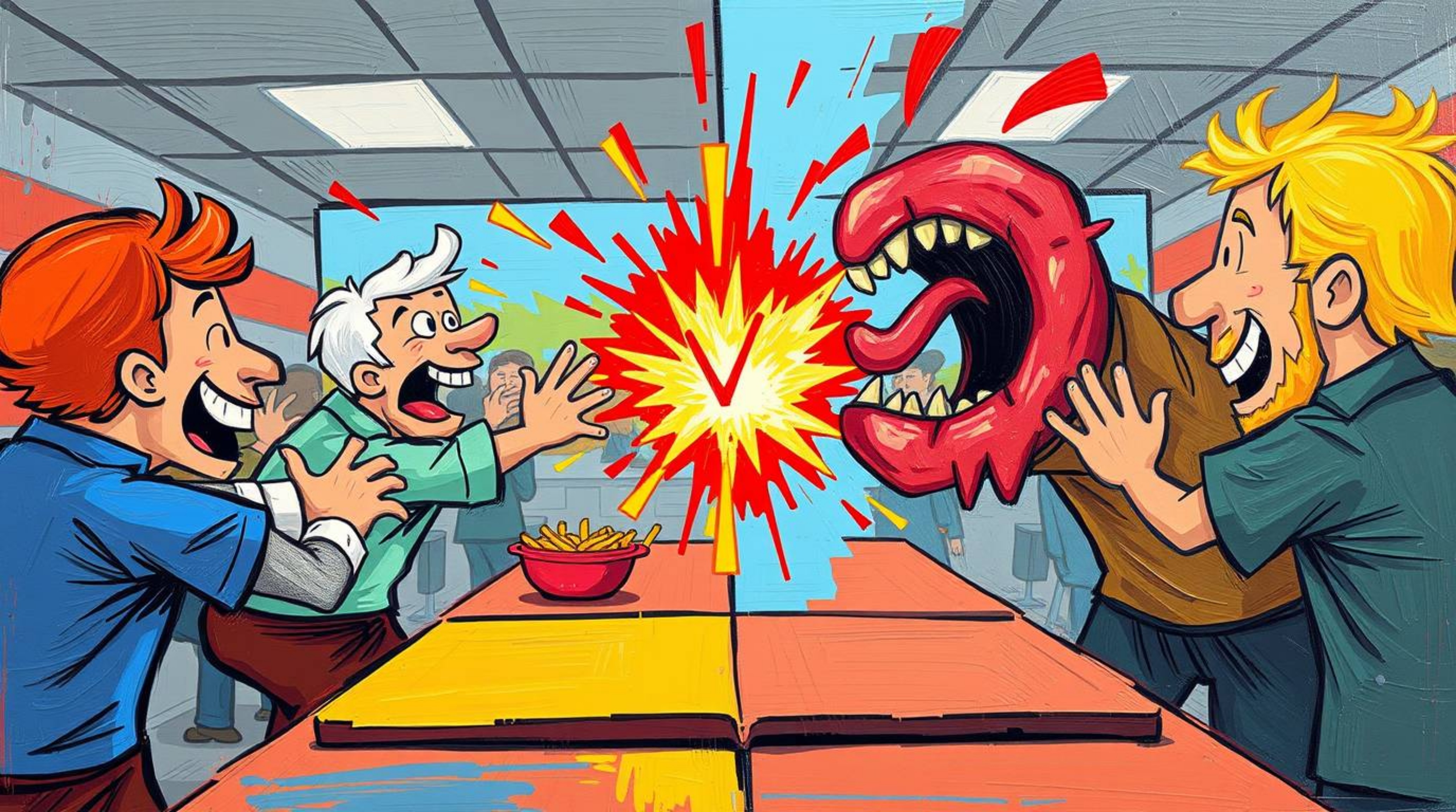 A bold acrylic painting captures the chaotic energy of a cartoon cafeteria food fight.  The artwork utilizes a striking split