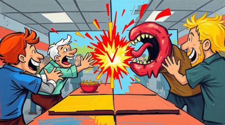 A bold acrylic painting captures the chaotic energy of a cartoon cafeteria food fight.  The artwork utilizes a striking split