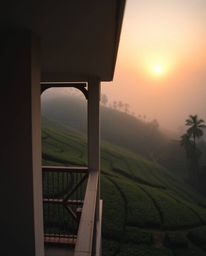 Precise architectural color photography captures a soft, dreamy atmosphere during a sunset over terraced tea plantations. The
