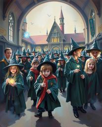 Immerse yourself in a classic oil painting depicting a magical school brimming with young wizards. The artwork features a smo