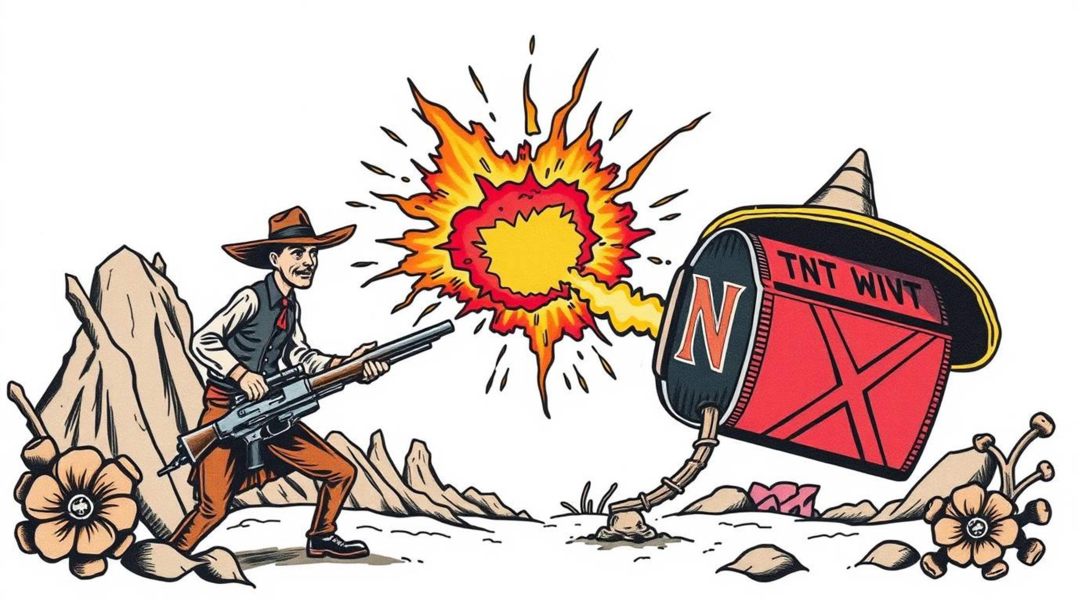 This art print showcases a symbolic traditional tattoo design of a classic exploding TNT gag set in the Wild West. Featuring 
