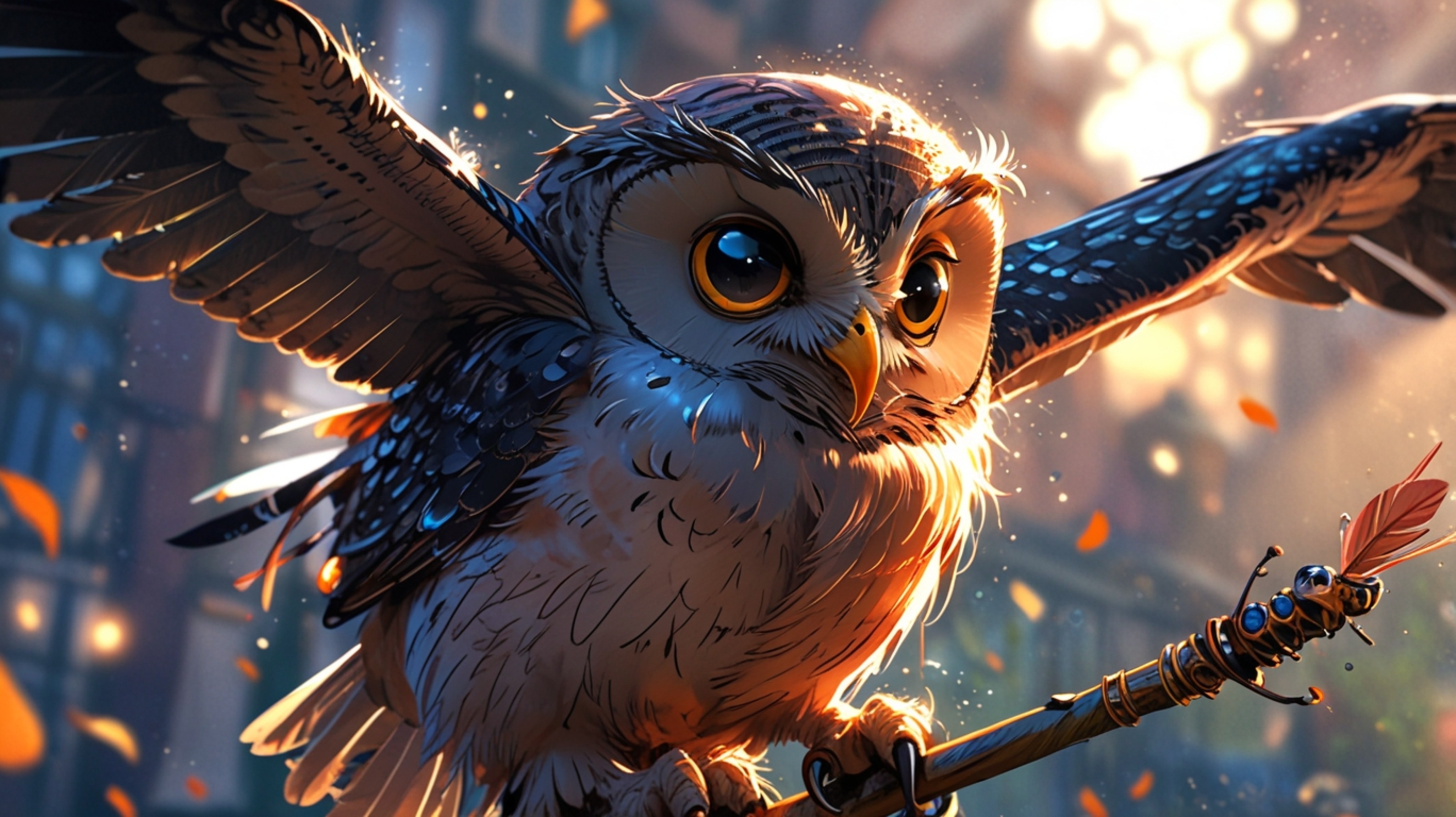 In a charming and creative scene that blends the styles of Pixar and anime, a wise blind owl takes on the role of a flight in