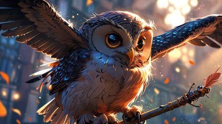 In a charming and creative scene that blends the styles of Pixar and anime, a wise blind owl takes on the role of a flight in