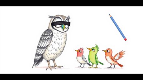 A heartwarming hand-drawn sketch in Pixar style depicts a blind owl with intricate feather details, guiding a flock of birds.