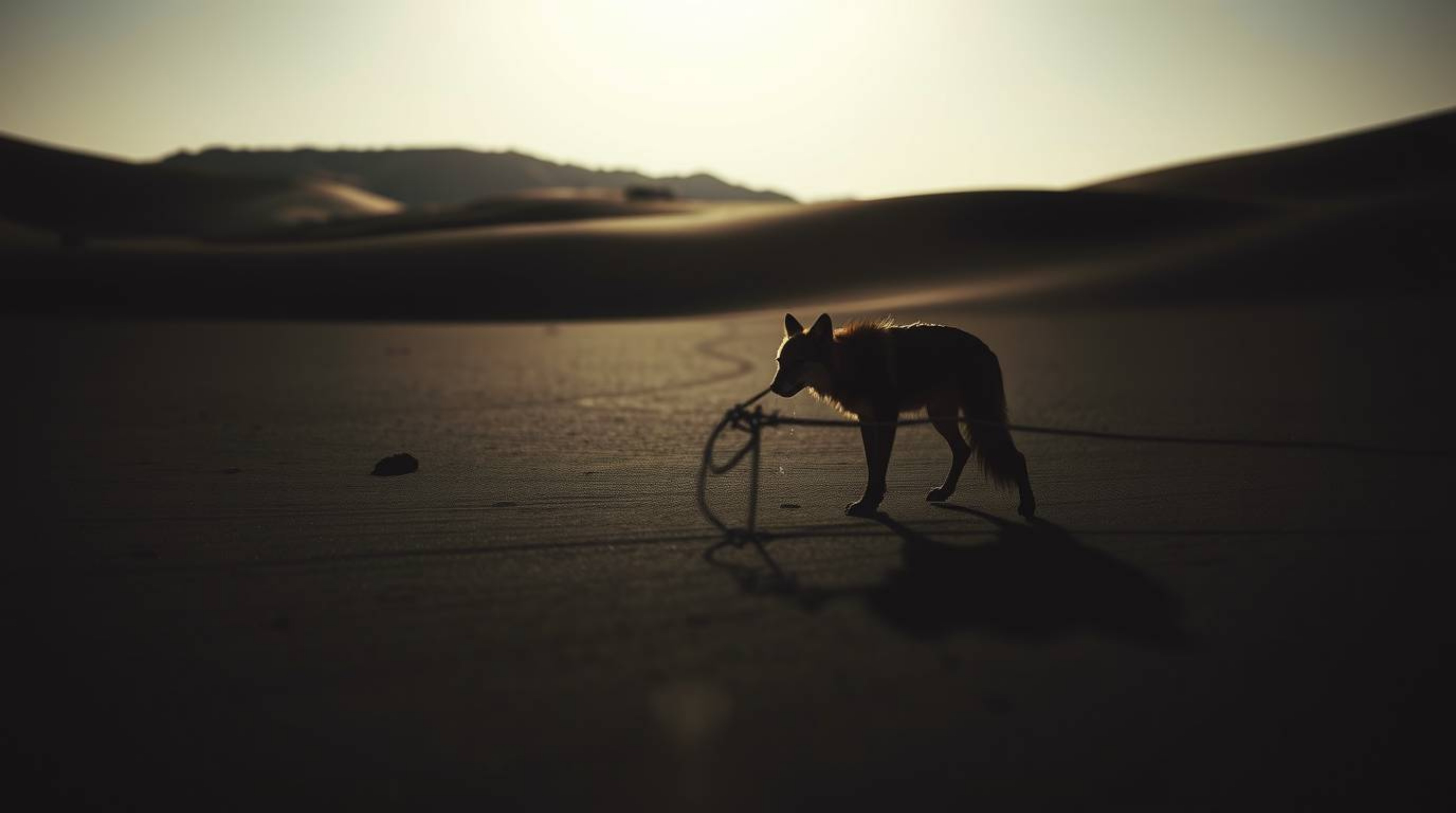 A jet-black desert scene featuring a coyote setting a ridiculous trap under gentle, soft light. Diffused shadows and subtle i