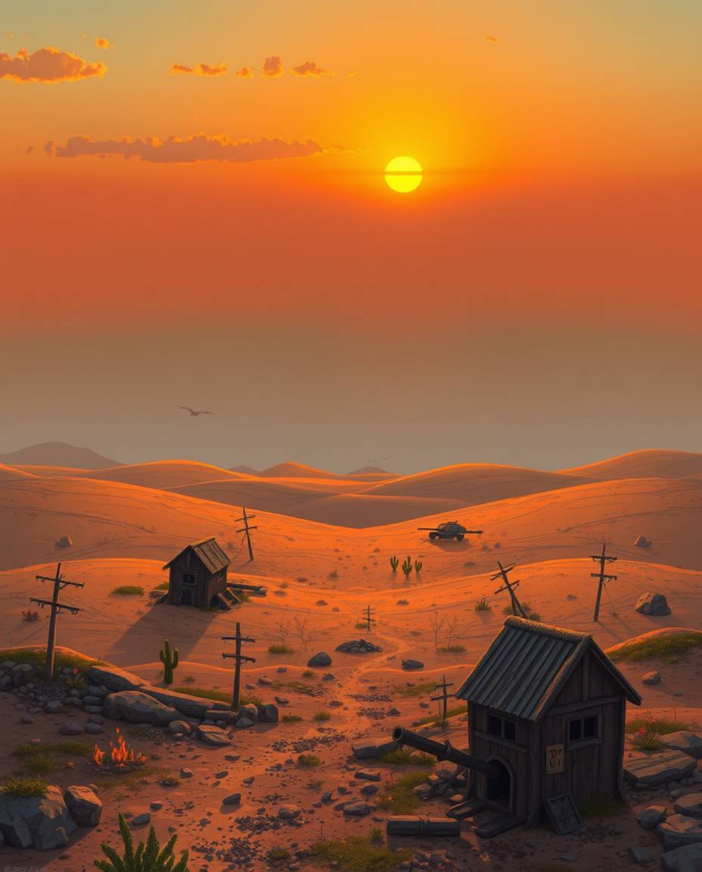 A captivating image depicts a charming and adorable sunrise over a war-torn landscape.  The scene is surprisingly endearing, 