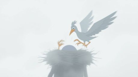 Witness the captivating scene of two cartoon birds diligently building their nest in a classic animation style, set against a
