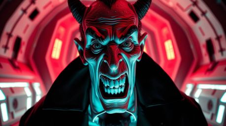 Experience a comedic breakdown of a villain with exaggerated features and pale skin, set within a futuristic lair bathed in s