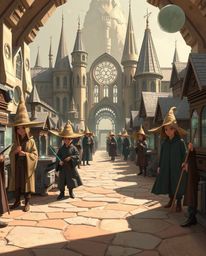 Discover a captivating futuristic wizarding school, rendered in a unique style blending natural earth tones with advanced tec