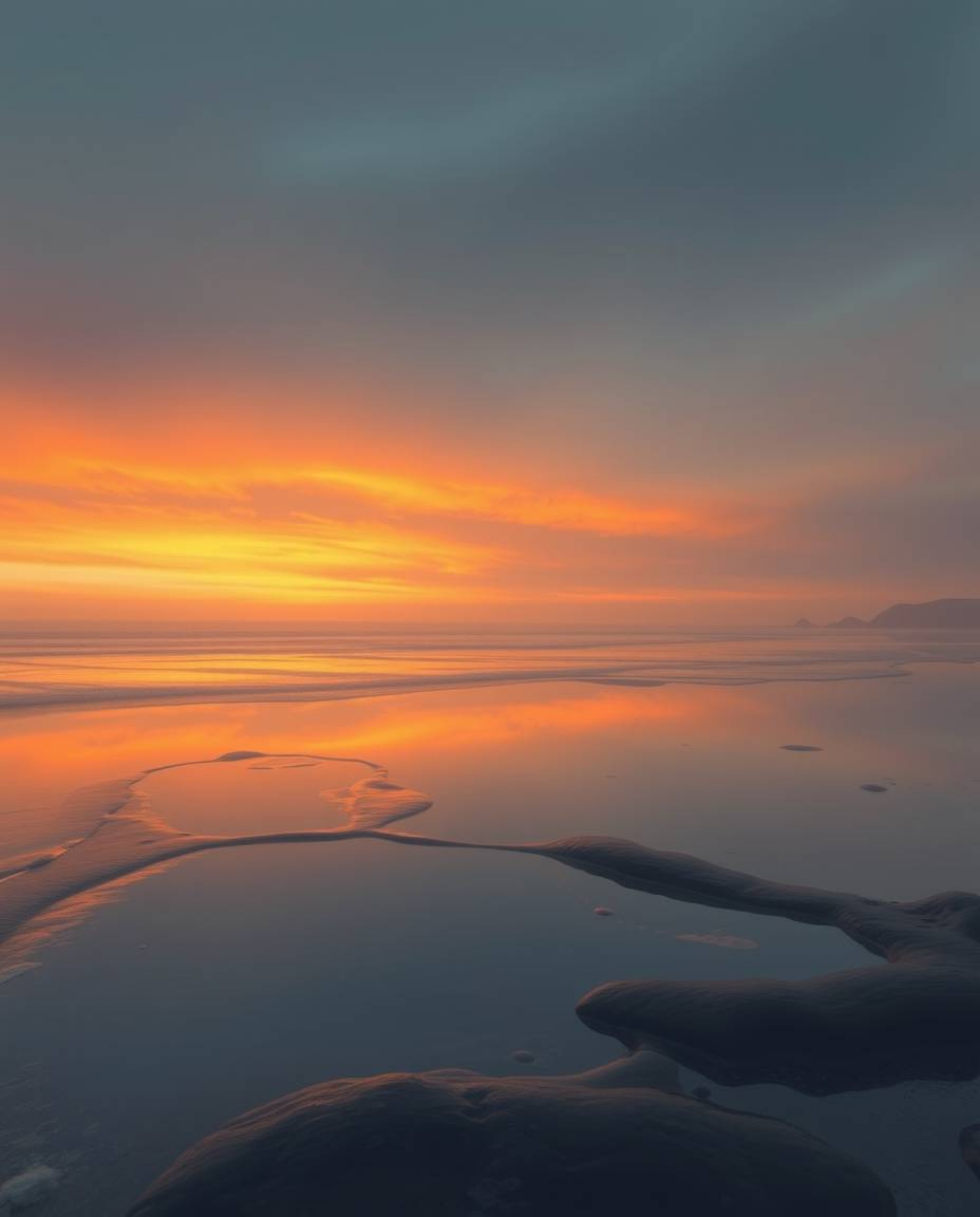 A digital painting captures a sunset sky mirrored in tidal pools on the beach. The artwork is defined by its soft and dreamy 