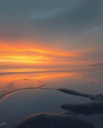 A digital painting captures a sunset sky mirrored in tidal pools on the beach. The artwork is defined by its soft and dreamy 