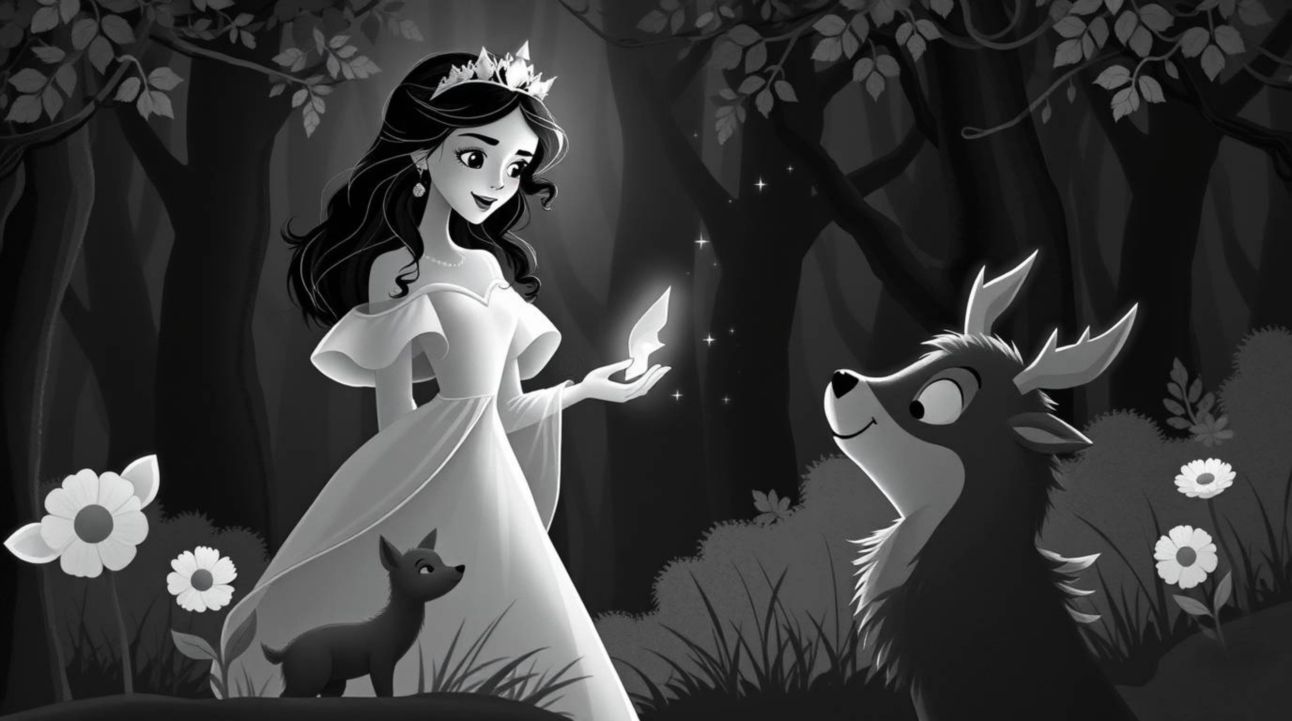 Experience a whimsical journey with a princess exuding timeless elegance, as she harmonizes with forest animals in a vintage 