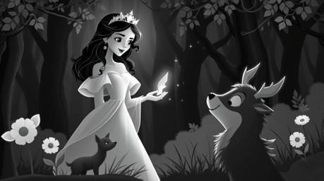 Experience a whimsical journey with a princess exuding timeless elegance, as she harmonizes with forest animals in a vintage 