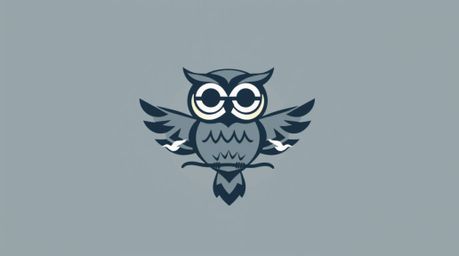 A geometric logo design featuring a balanced and symmetrical composition of a blind, Pixar-style owl imparting wisdom and tea