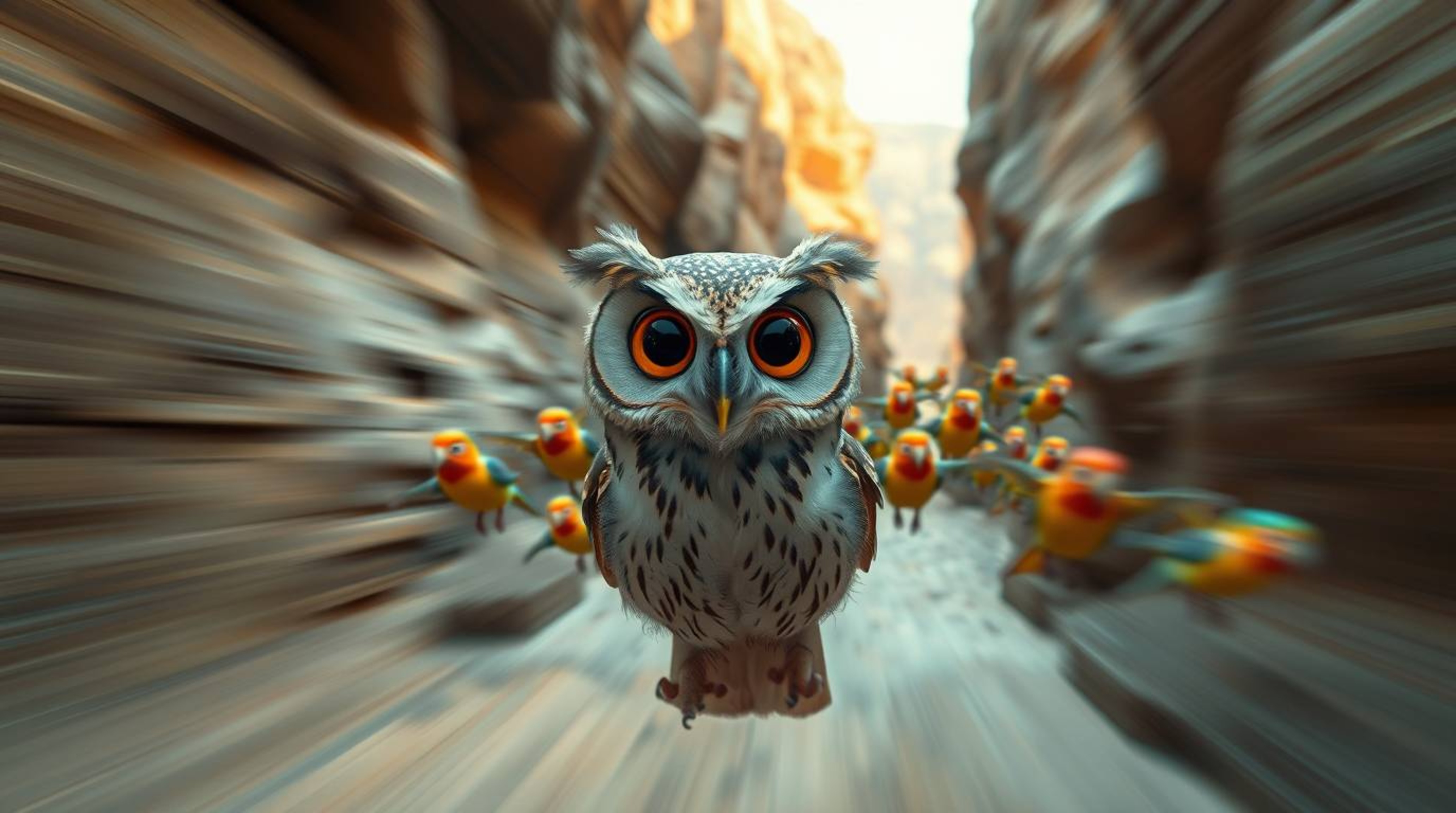 This cinematic photograph captures a profound ethereal vibe, featuring a blind owl with large expressive eyes, rendered in a 