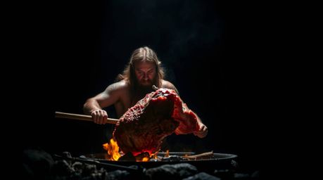 Experience a dramatic and intense visual feast with a high-contrast image of a caveman skillfully cooking mammoth meat using 