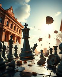 Experience a breathtaking scene: a chessboard caught in a moment of frozen destruction, with pieces suspended mid-air. This a