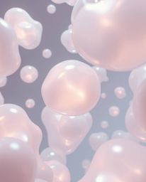 This artwork presents a dreamlike, surreal 3D render featuring ethereal, spiritual fluid organic blobs crafted from transluce