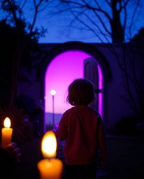 A child stumbles upon a mysterious deep ultraviolet-hued portal in their backyard, bathed in dramatic cinematic lighting. The
