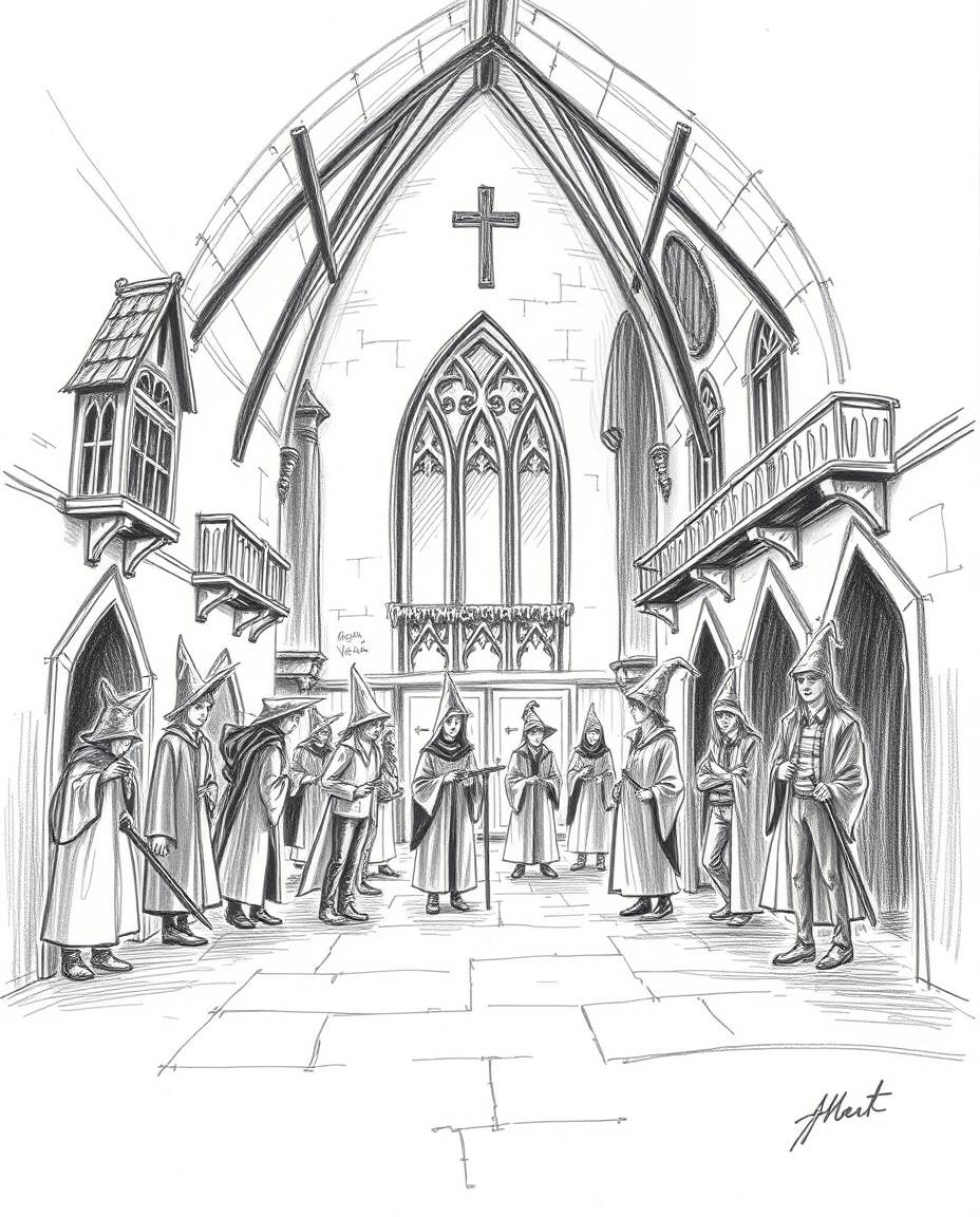 This captivating hand-drawn sketch depicts a magical school teeming with young wizards, brought to life with contrasting chia