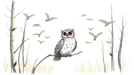 A heartwarming hand-drawn sketch in the style of Pixar depicts a gentle, blind owl with soft feathers patiently teaching a fl