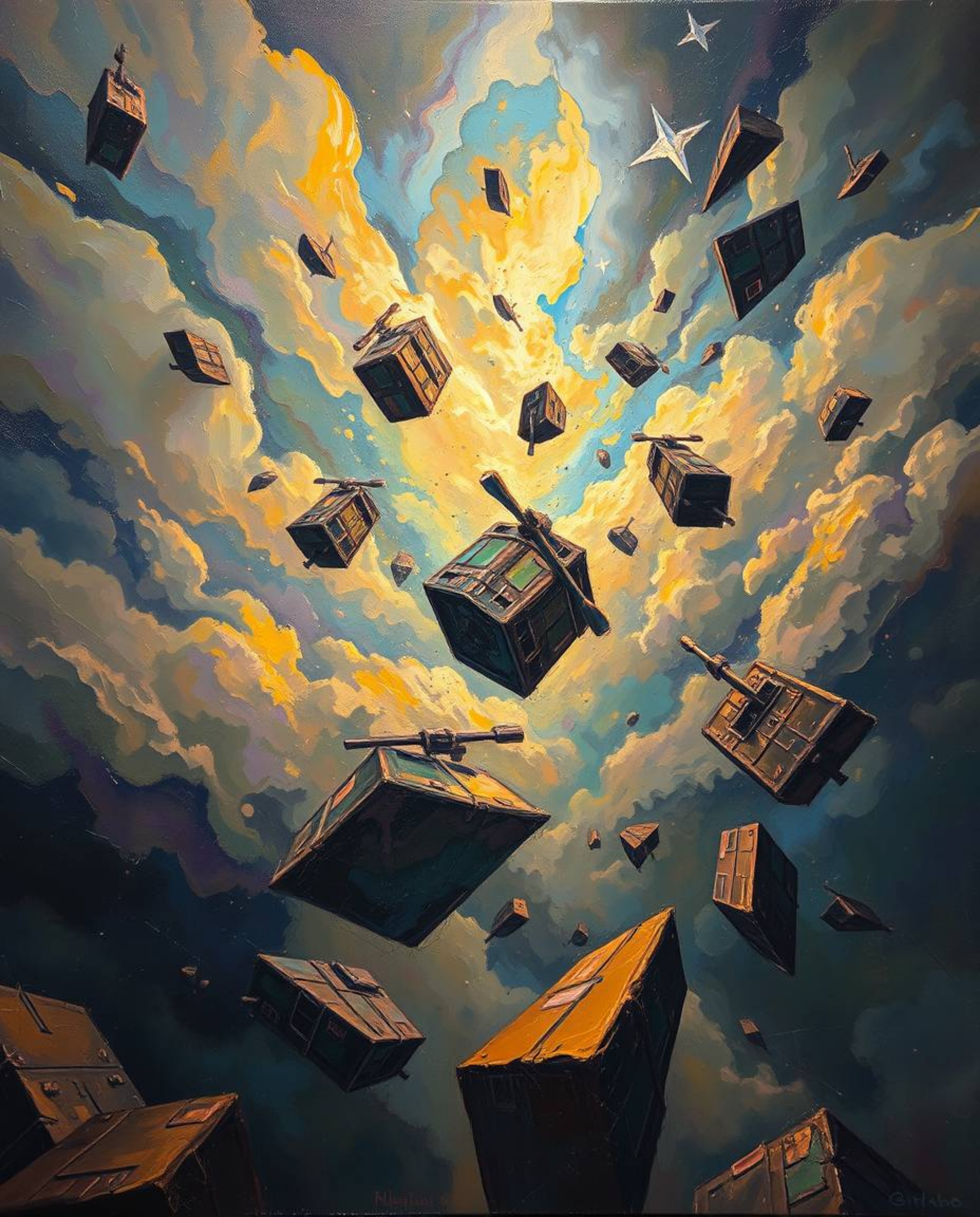 Explore a breathtaking realm where classic oil painting meets surrealism. Witness an iridescent storm filled with flying obje